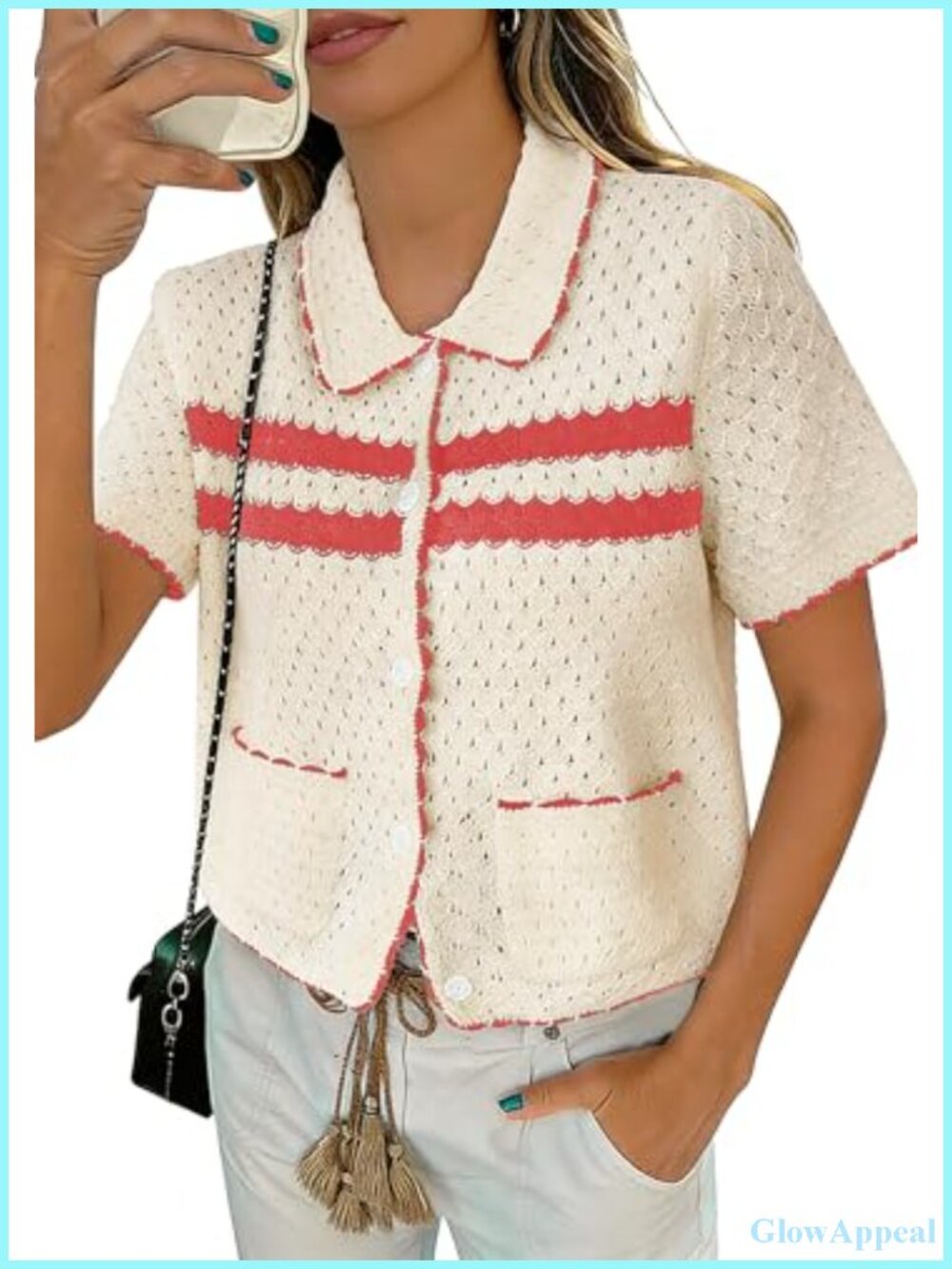 Women's Crochet Knit Cardigan Button Down Short Sleeve Sweater 65% Polyester